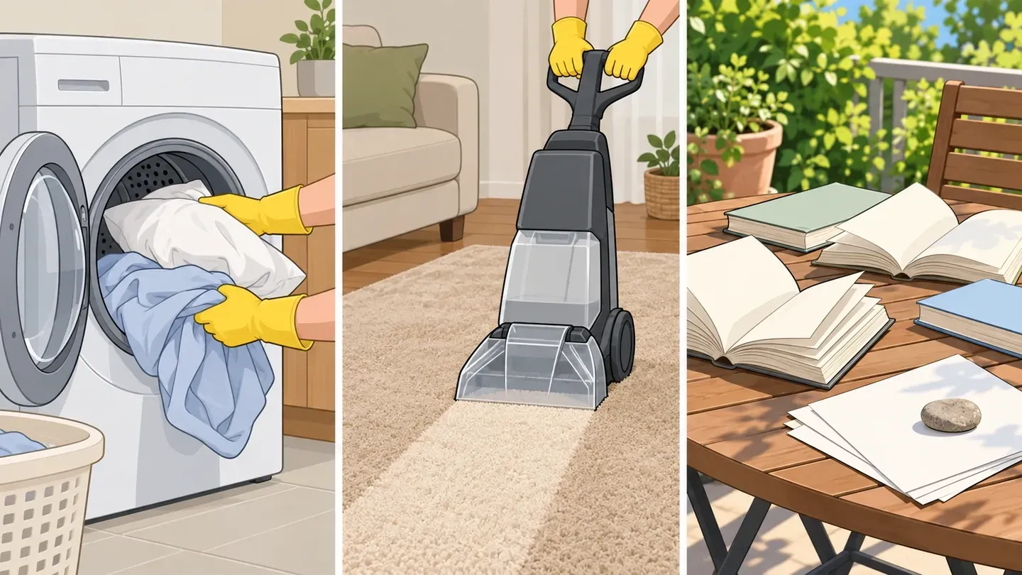 Three panels: bedding going into a washing machine, a rug being shampooed with an upright carpet cleaner, and books laid open on a table in the sun outdoors