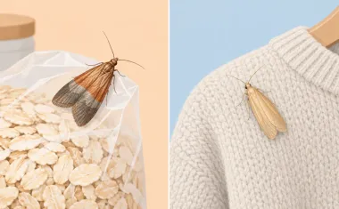 Illustration: split comparison: left, a pantry moth with two-tone copper and gray wings on a bag of oats; right, a plain golden clothes moth on a wool sweater; a thin dividing line.