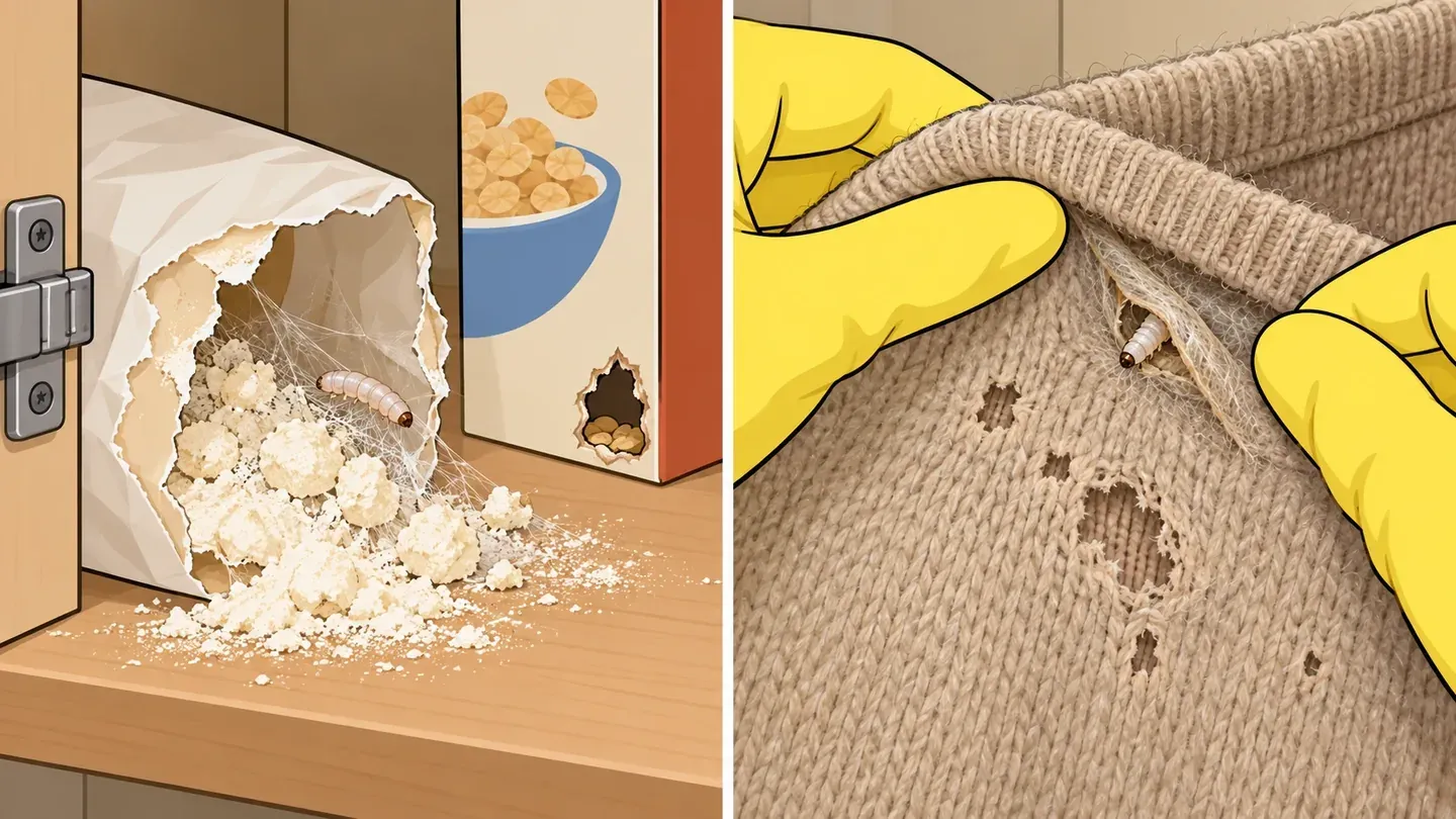 Two panels: flour with silk webbing and a pale pinkish caterpillar in a pantry bag, and a gloved hand turning back a sweater collar to show small holes and a silk tube with a white larva