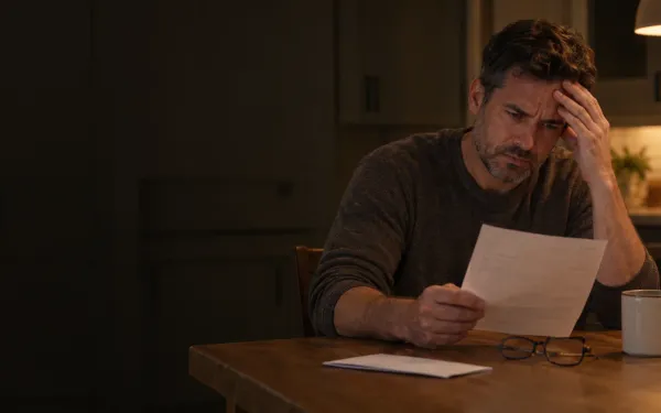A homeowner at a kitchen table at night, rubbing his forehead and frowning at a pest control invoice.