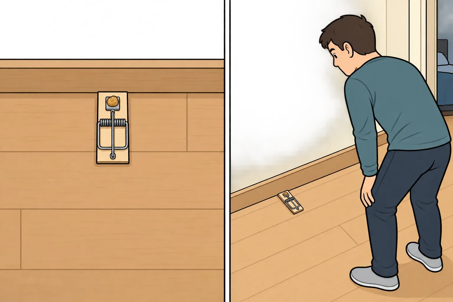 Two-panel illustration showing the top-down T placement of a snap trap by a wall and a homeowner checking the area