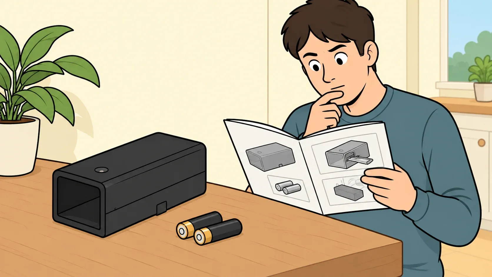 Illustration of someone checking an electronic trap’s instruction booklet and batteries before use