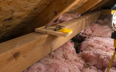 A rat-size wooden snap trap with a wide yellow trigger screwed onto a beam in an unfinished attic, with insulation below and a work light nearby.