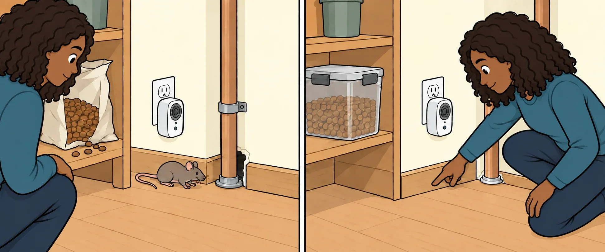 A woman checks pantry food and a wall gap while a plug-in repellent remains nearby