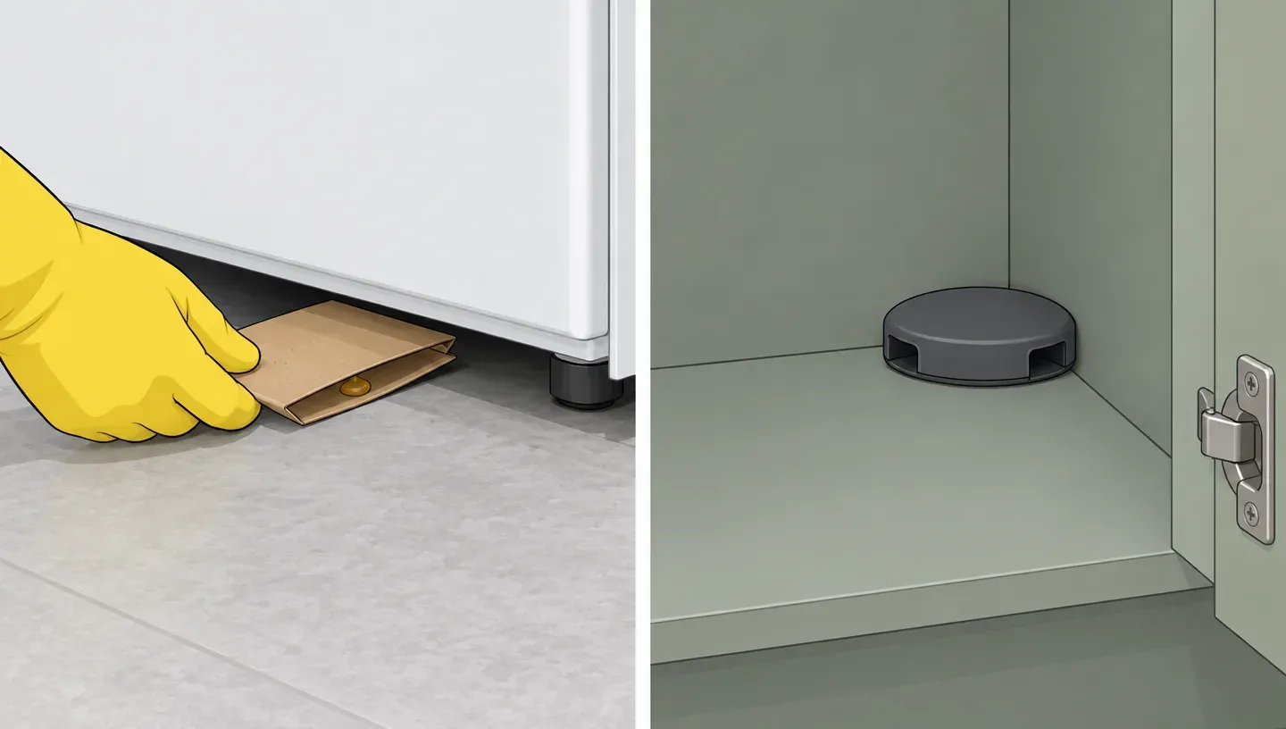 Two panels: a gloved hand slides folded cardboard holding a dot of gel bait under a refrigerator, and a round bait station sits flush in the back corner of a cabinet
