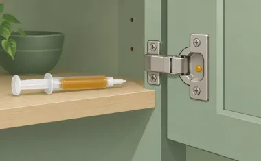 Illustration: gel bait syringe resting on a cabinet shelf edge, with a single pea-sized dot of amber gel placed on the inside of a door hinge.