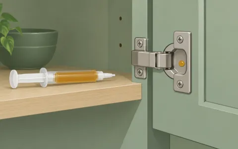 Illustration: gel bait syringe resting on a cabinet shelf edge, with a single pea-sized dot of amber gel placed on the inside of a door hinge.