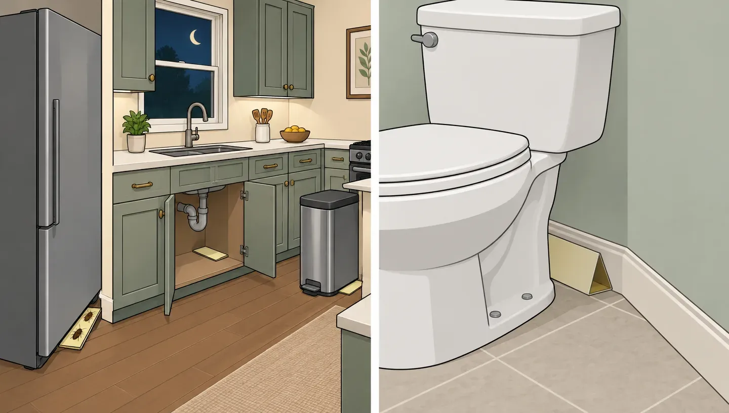 Two panels: a kitchen cutaway with sticky roach traps behind the fridge, under the sink and beside the trash can, and a bathroom with a trap behind the toilet