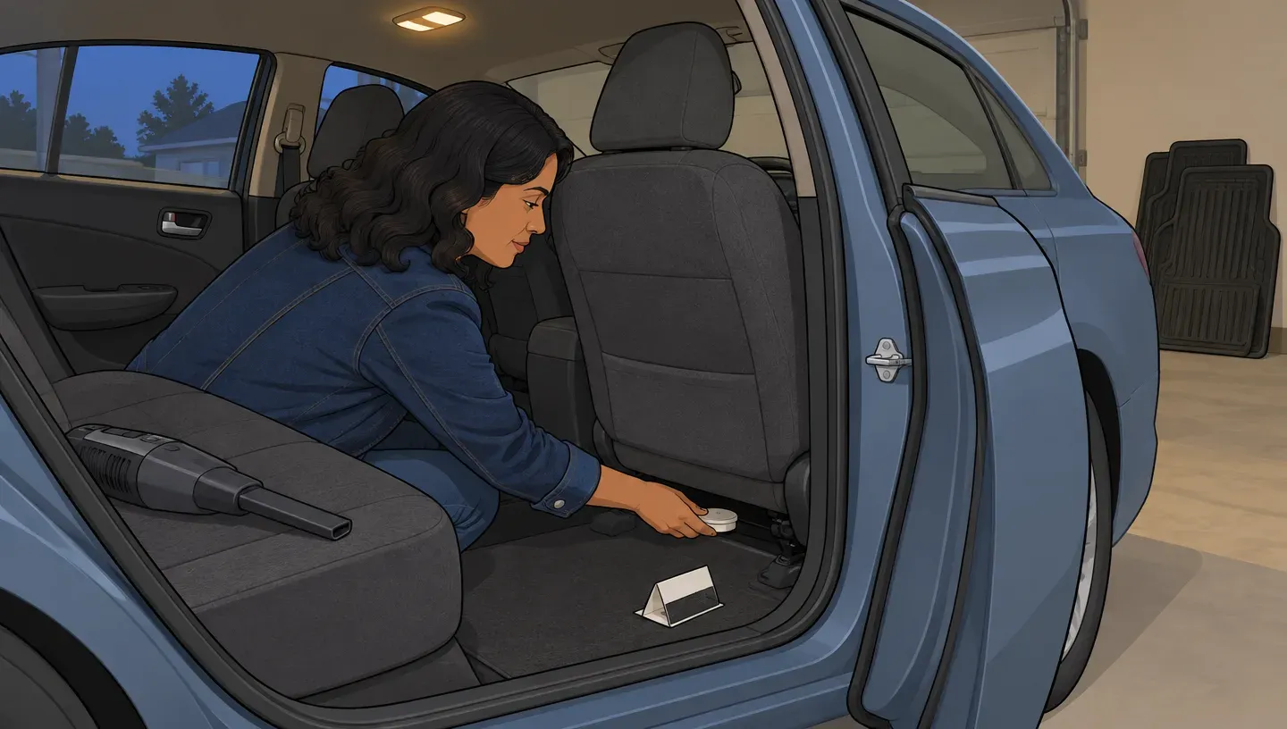 A woman in an olive jacket kneels at an open rear car door and slides a roach bait station under the front seat