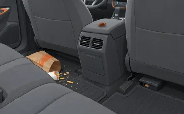 Illustration: the interior of a car seen from the back seat: crumbs and a fast-food bag on the floor mat, a small bait station tucked under the front seat, and a cockroach on the center console.