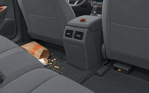 Illustration: the interior of a car seen from the back seat: crumbs and a fast-food bag on the floor mat, a small bait station tucked under the front seat, and a cockroach on the center console.
