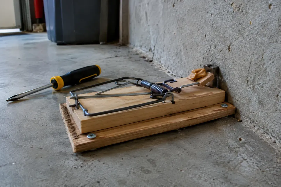 A rat snap trap screwed to a small board, set against a garage wall