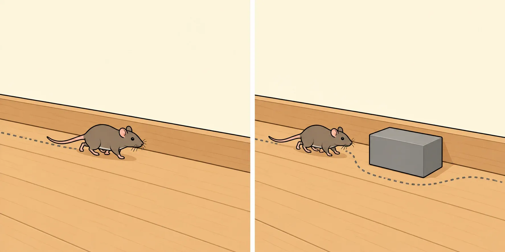 Two-panel conceptual illustration of a rat beside a wall and a dotted path bending around a new object