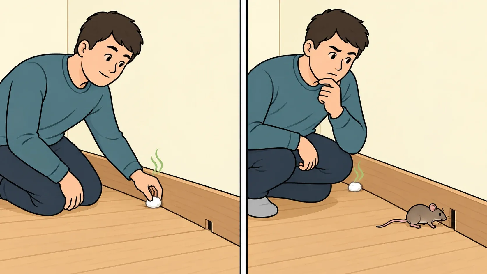An illustrated homeowner places a peppermint-oil cotton ball near a baseboard while a mouse is beside a separate open wall gap