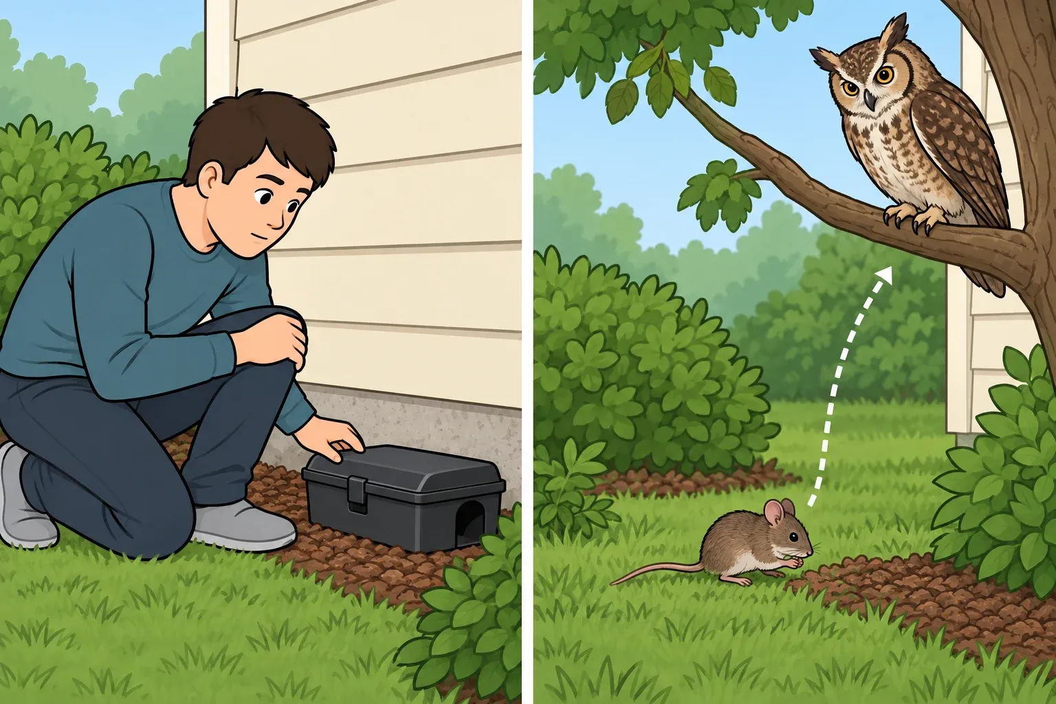 Illustration showing an outdoor bait station in one panel and an owl above a mouse along a possible predator-prey path in another