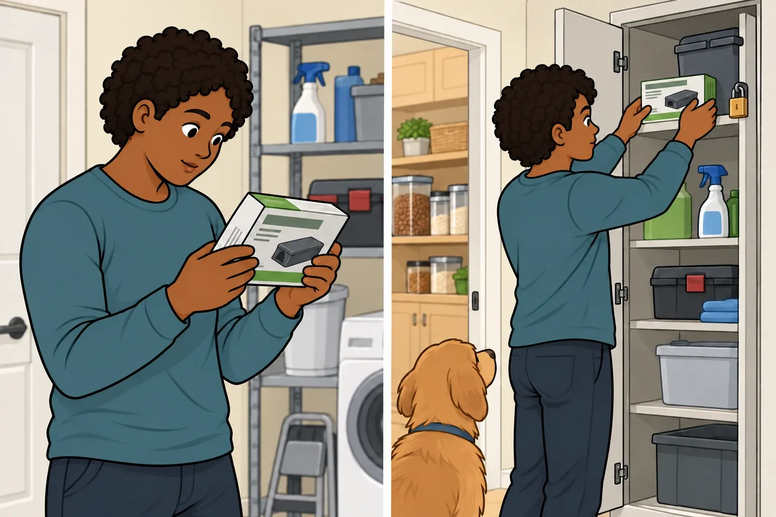 An adult woman checks a rodenticide label and stores a closed package in a locked cabinet while a dog stays nearby