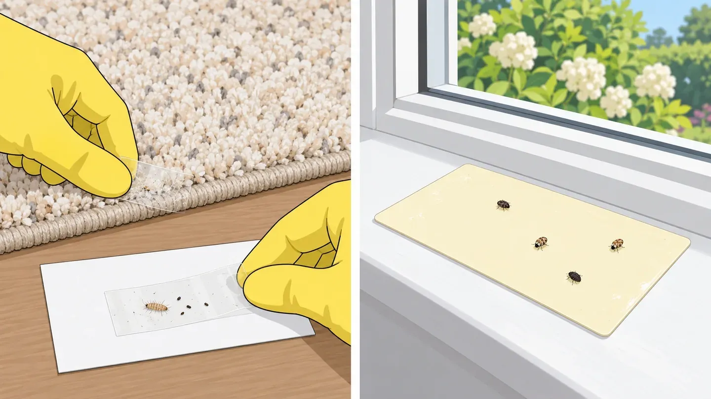 Two panels: gloved hands press clear tape on a carpet edge and stick it to a white card, and a plain sticky trap on a windowsill with a few tiny round beetles