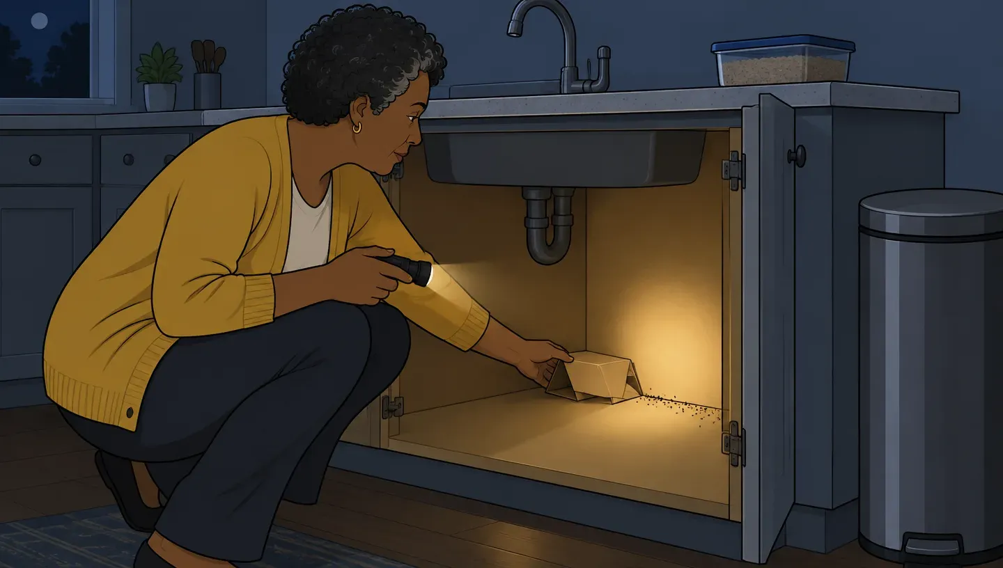 A woman in a mustard cardigan shines a flashlight under a kitchen sink and sets a sticky trap in the cabinet corner
