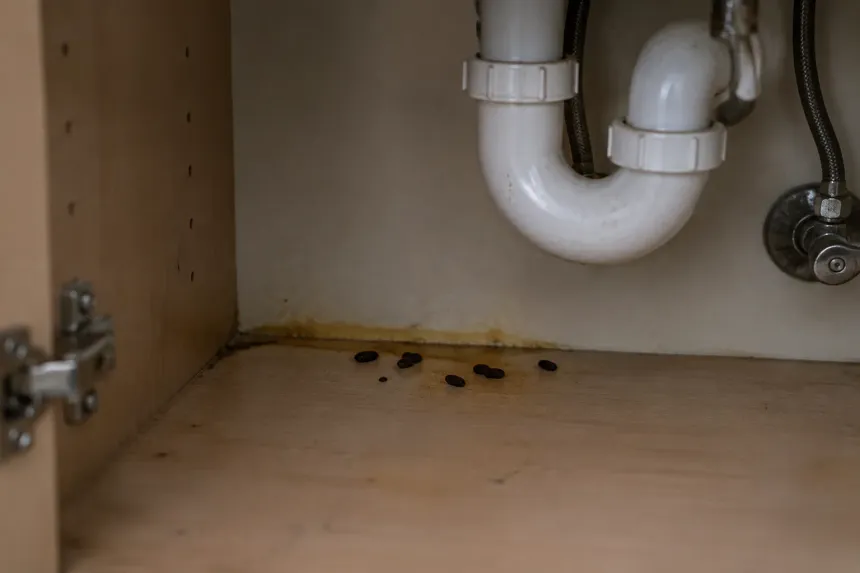 An open cabinet under a kitchen sink with mouse droppings along the back edge