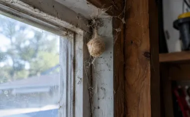 Illustration: a small round tan silk spider egg sac hanging in a cobweb in the corner of a garage window frame.