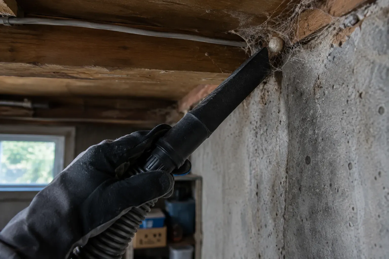 A gloved hand using a vacuum hose with a crevice tool to remove a cobweb and egg sac from a basement corner