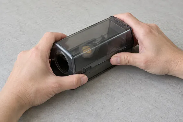 Two hands squeezing an enclosed plastic mouse trap to set it