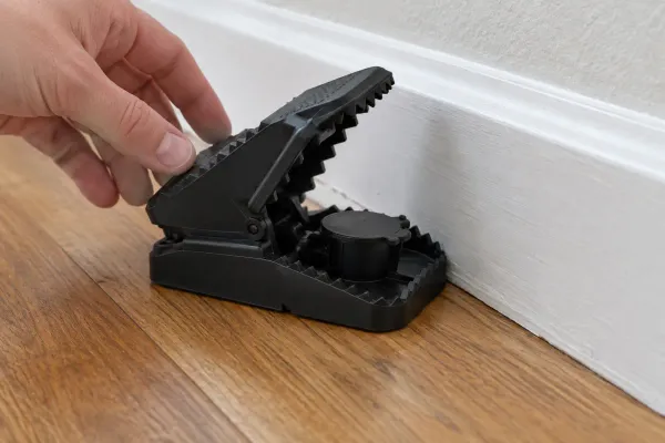 A set plastic snap trap placed against a baseboard on a wood floor