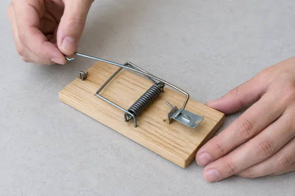 Hands lifting the thin arm bar off its staple on a wooden snap trap