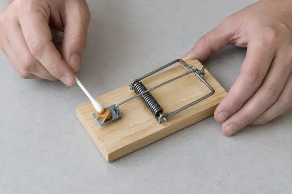 A cotton swab dabbing a pea-sized bit of peanut butter on the metal pedal of a wooden trap