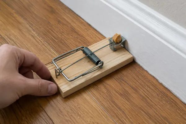 A set wooden trap at a right angle to a baseboard, its baited end touching the wall