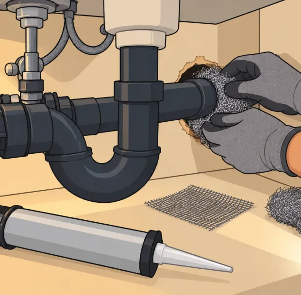 Gloved hands packing steel wool into a gap around a pipe under a sink, with a caulk gun ready