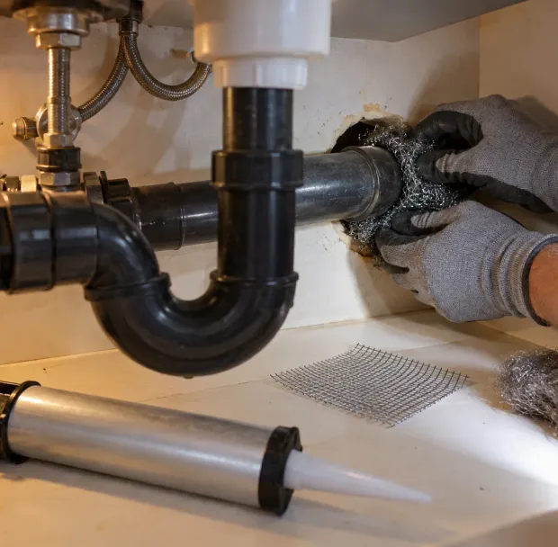 Gloved hands packing steel wool into a gap around a pipe under a sink, with a caulk gun ready