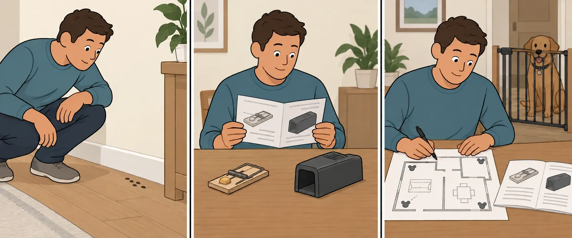 Three-panel illustration of a man comparing mouse-trap types and considering placement in a home with a dog
