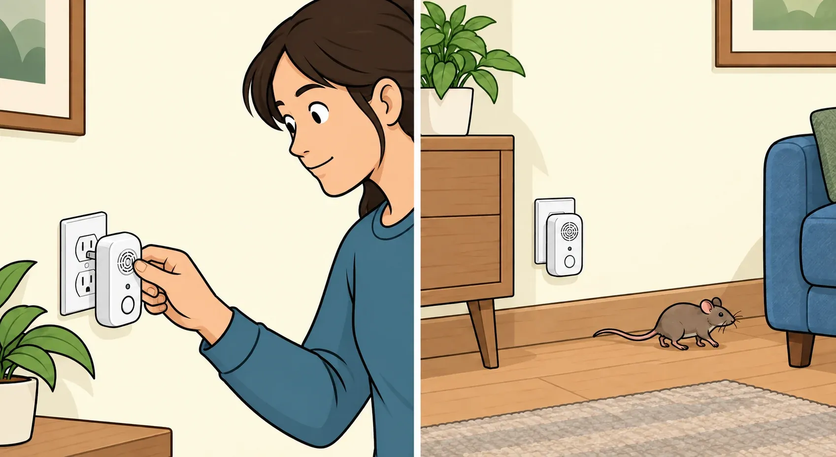 An adult woman plugs in an ultrasonic device in one panel as a mouse appears near a baseboard in the adjoining room