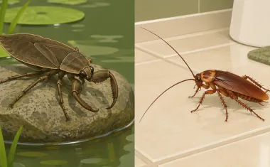 Illustration: two halves: left, a large flat brown water bug with grasping front legs resting on a pond stone; right, a reddish-brown American cockroach with long antennae on a bathroom tile floor.