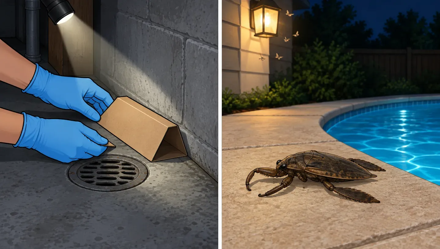 Two panels: gloved hands pressing a sticky trap beside a basement floor drain, and a giant water bug on a pool deck under a porch light