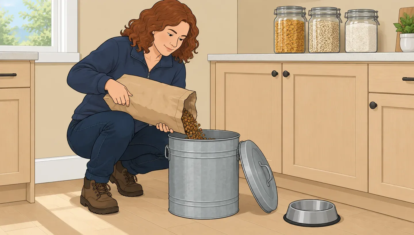 A woman in a green work shirt pours dry pet food from a paper sack into a metal bin with a tight lid in a kitchen corner