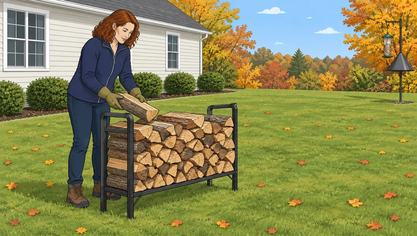 A woman in a green work shirt stacks firewood on a raised rack far from the house while a bird feeder with a baffle stands at the edge of the yard