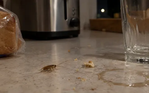 Illustration: a small light brown German cockroach on a kitchen counter at night, next to bread crumbs and a sticky ring left by a glass.