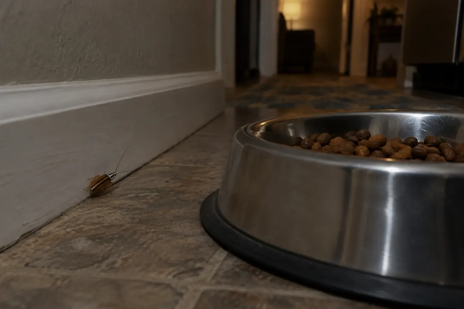 A pet food bowl with kibble on a kitchen floor at night with a cockroach approaching along the baseboard