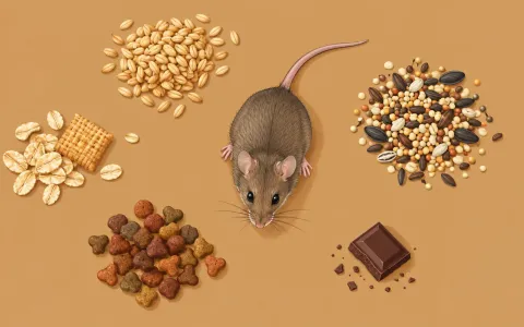 Illustration: top-down flat lay of foods mice eat arranged around a small mouse: grains, seeds, a piece of cereal, pet kibble, birdseed, a crumb of chocolate.
