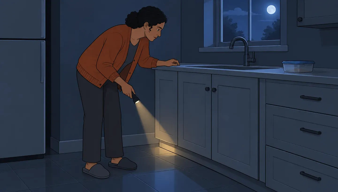 A woman in a lavender blouse stands in a dark kitchen at night with a flashlight, listening to what mice sound like behind the lower cabinets