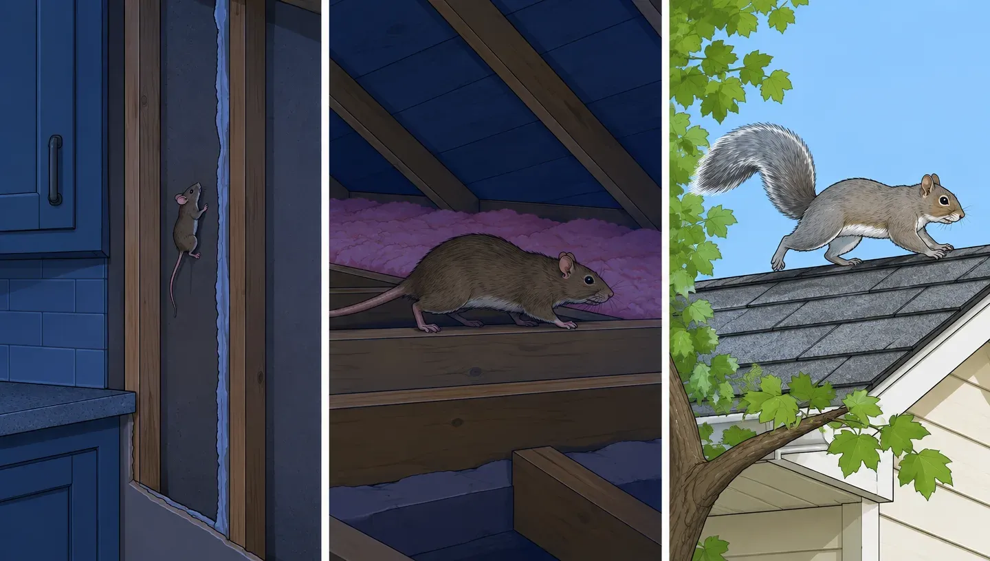 Three panels: mice scratching inside a kitchen wall at night, a rat running across attic joists at night, and a squirrel running across a roof in daylight