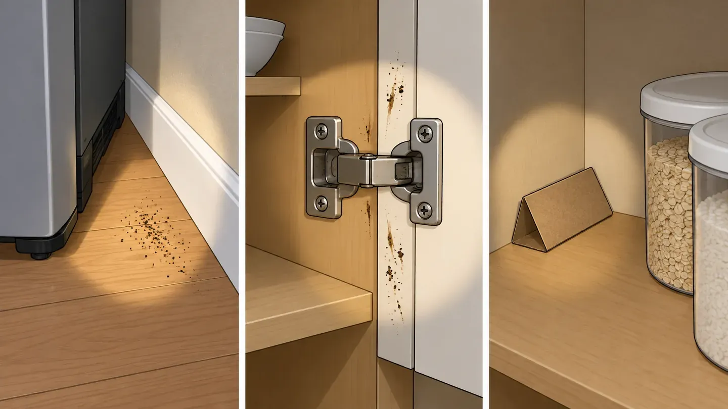 Three panels: roach droppings behind a fridge, dark smears on a cabinet hinge, and a sticky trap in a pantry corner