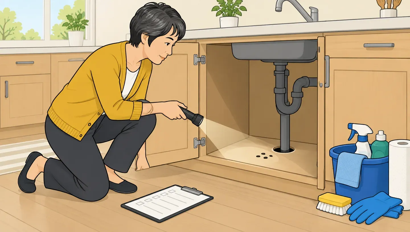 A woman with a long braid kneels at an open kitchen cabinet and shines a flashlight on a gap around a pipe, a clipboard beside her