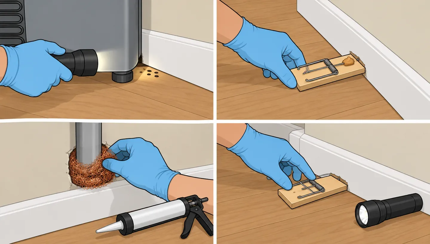Four panels of what an exterminator does for mice, gloved hands only: a flashlight on droppings by a gap, a snap trap set against a baseboard, copper mesh packed around a pipe, and a trap being checked