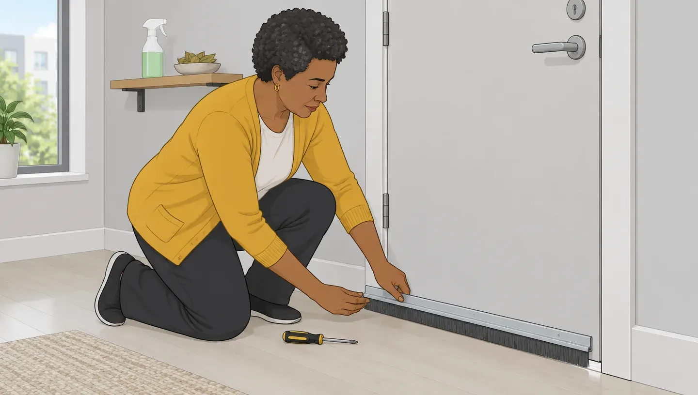 A woman in a mustard cardigan fits a door sweep to an apartment door while a peppermint spray bottle and a dish of bay leaves sit on a shelf