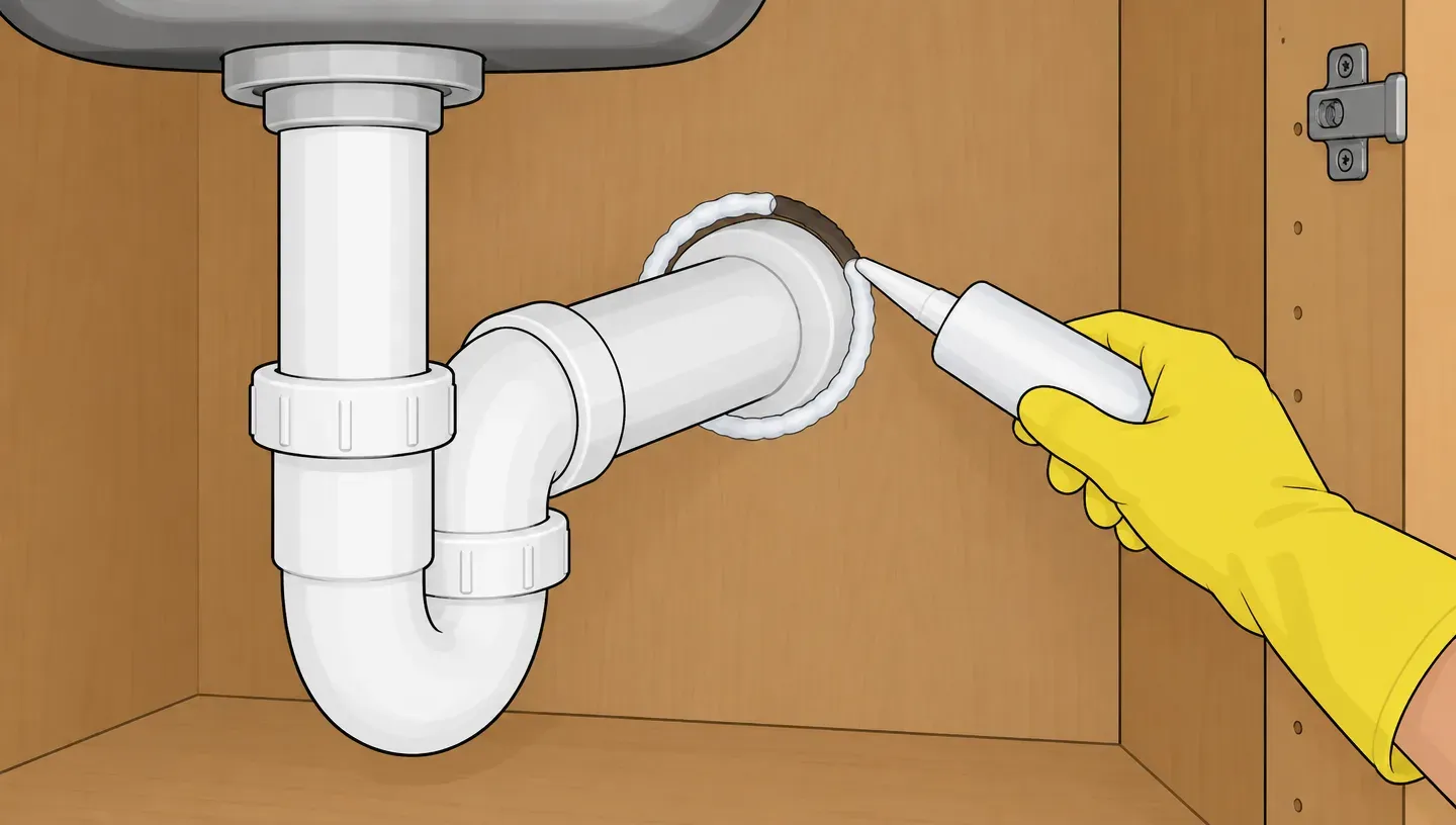 Gloved hands run a bead of silicone caulk around a pipe where it enters the wall under a kitchen sink