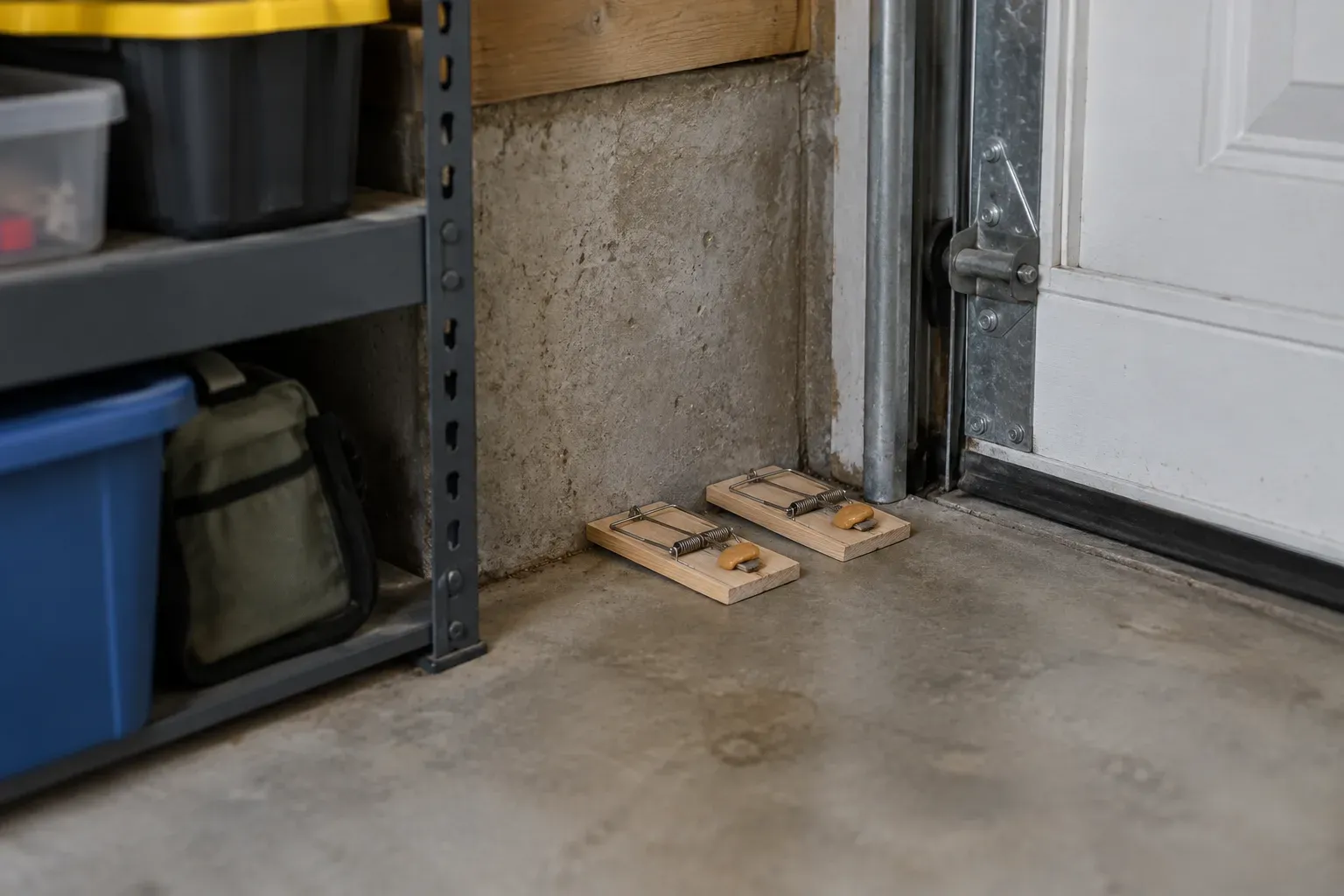 Two wooden snap traps set side by side along a concrete garage wall near the bottom corner of the garage door, beside storage shelves