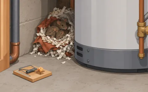 Illustration: cozy mouse nest of shredded paper and fabric tucked behind a water heater, with a few small mice curled inside and a snap trap set nearby on the floor.